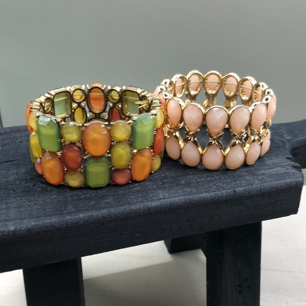 Bejeweled dressy faux gemstone look statmenet style stretch bracelets, bundle 2.